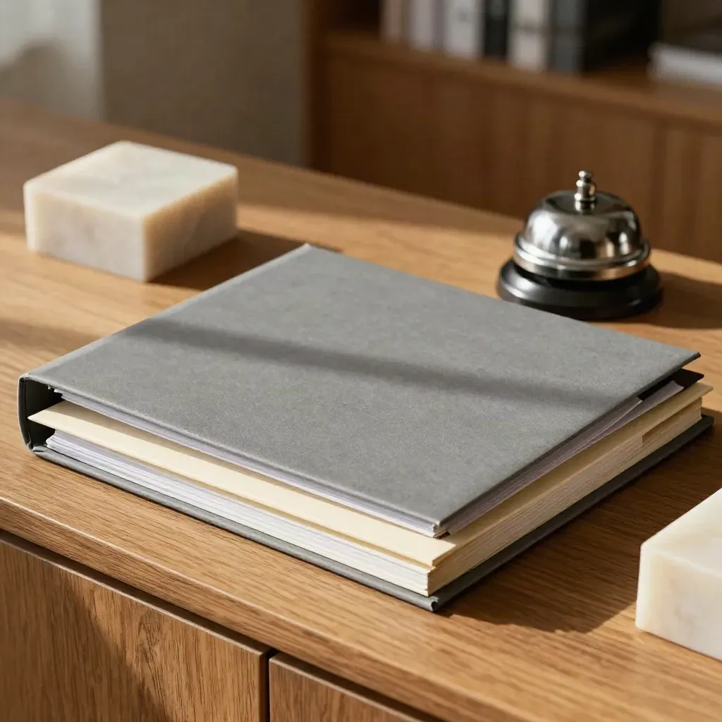 Offer-letter folders, policy binders, and desk bell on a warm oak credenza