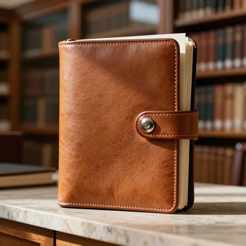 Leather folio with bundled legal papers, steel clasp and navy tie on stone.