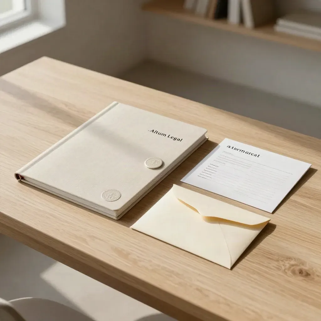 Sunlit legal launch pack with bound folio, seal and sealed envelope on an oak studio table.