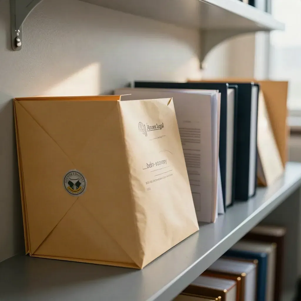 Sealed demand envelopes and a case folder on a legal mail shelf in dramatic light.