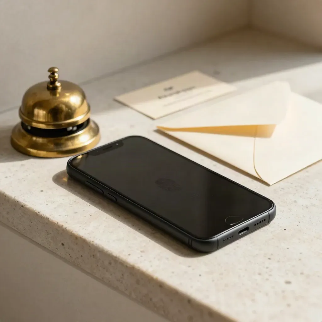Overhead still-life of a phone, brass bell and sealed envelope on pale stone.
