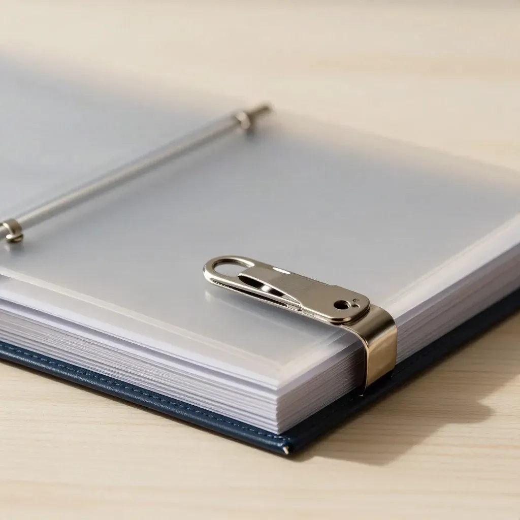 Legal folder with acetate sleeves, silver letter opener and page weights on pale wood.