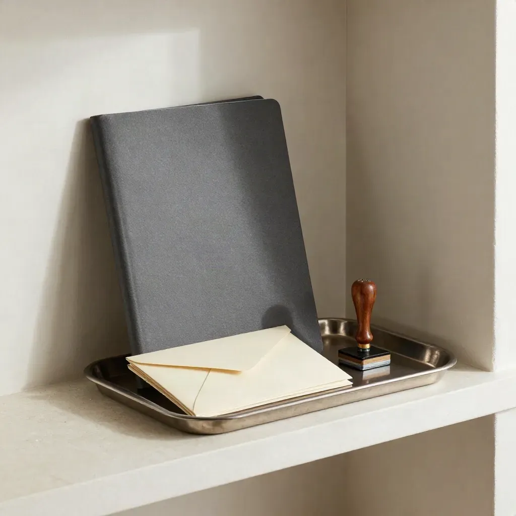 Legal handoff tray with returned folder, sealed envelopes, and a stamp on stone.
