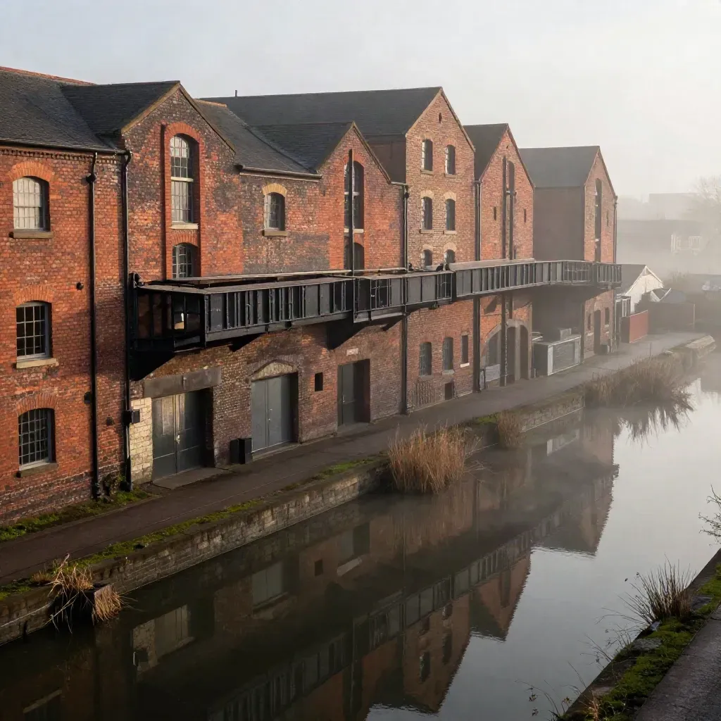Misty red-brick canal warehouses over still water in the West Midlands.